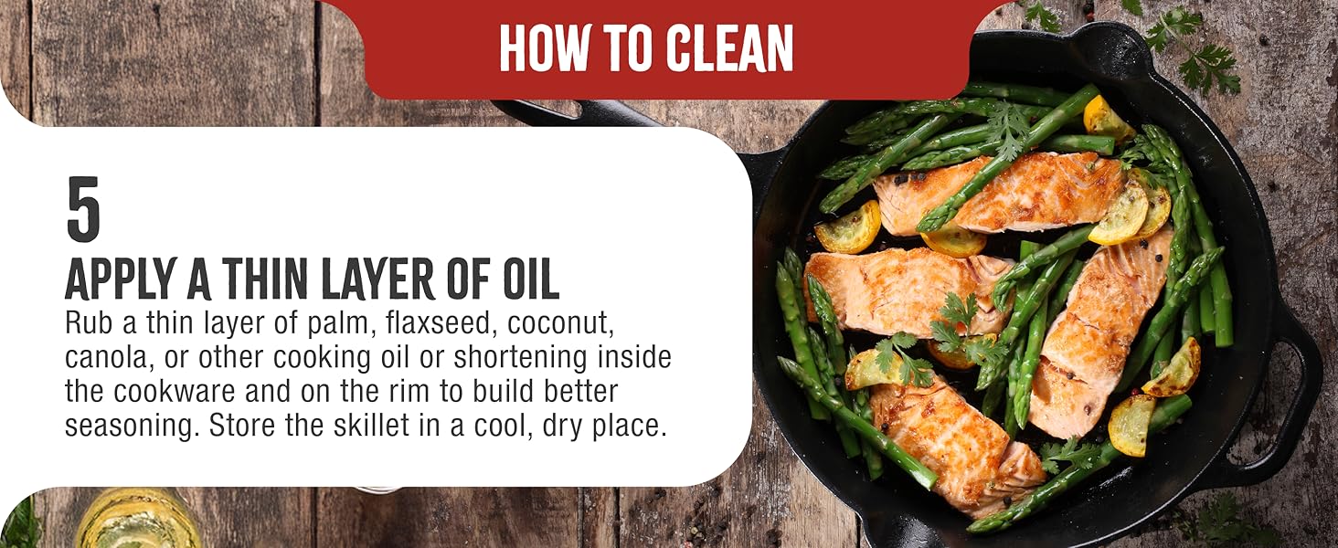 A cast-iron skillet grilling salmon. Text reads: Apply a thin layer of oil.