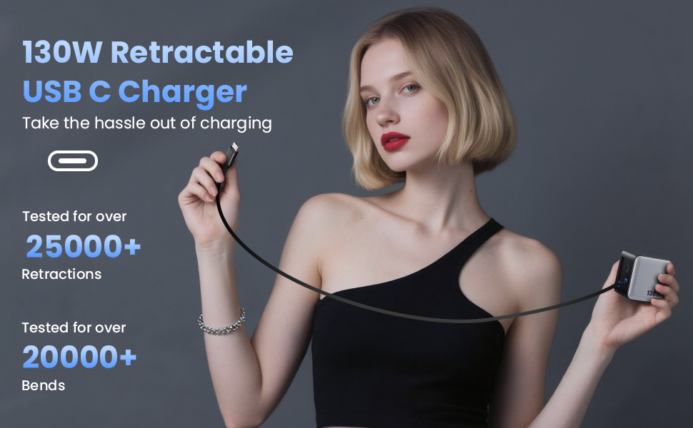 USB C Charger Block Built-in Retractable Cable,GaN Foldable Plug Wall Charger Fast Charging Station
