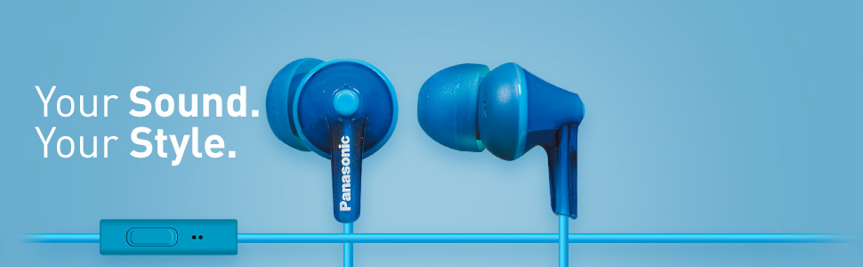 pair of blue earbuds with matching color cord and in-line mic. Text says &amp;#34;Your Sound. Your Style.&amp;#34;