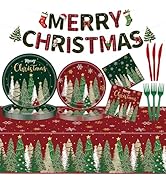 102 Pcs Christmas Tree Paper Plates and Napkins Party Decorations Merry Christmas Banner Disposab...