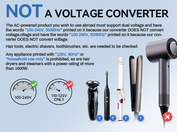 This international plug adapter does not convert voltage. Use with dual voltage (110-240V) devices