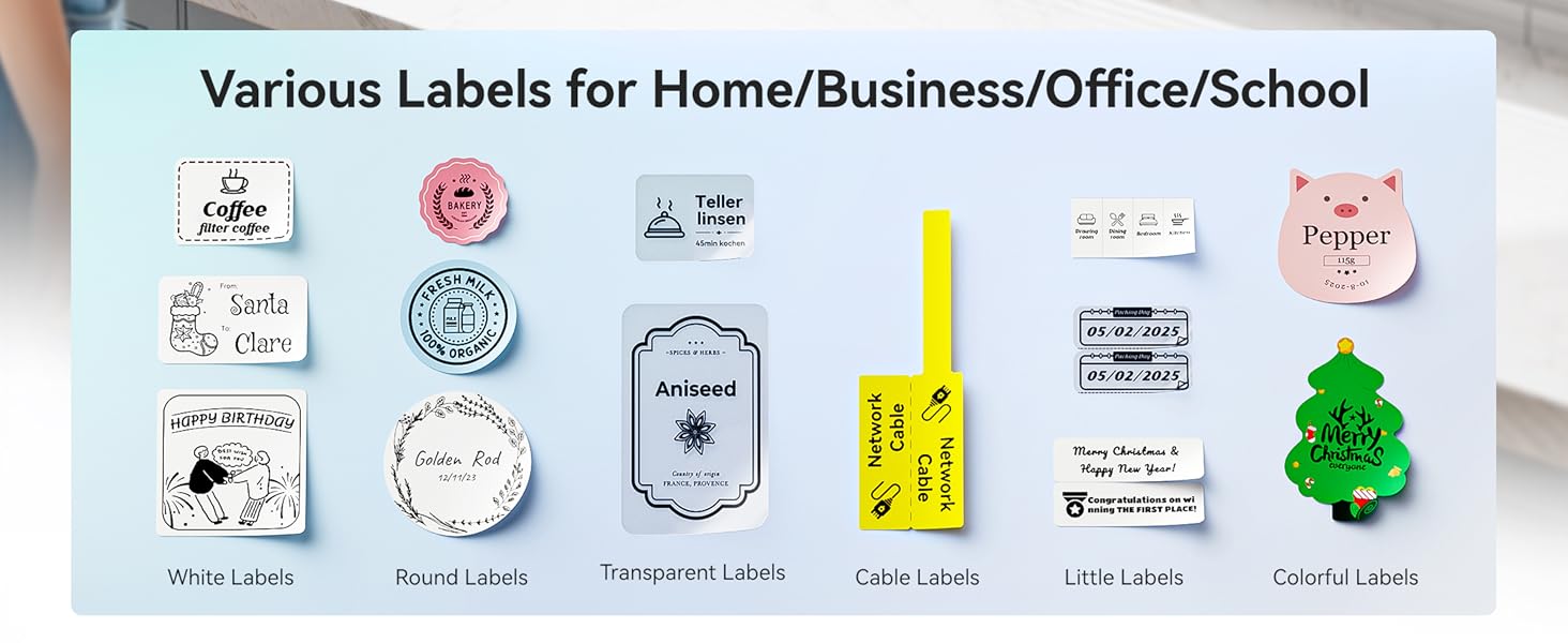 various labels for home/business/office/school
