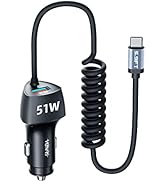 SUNDA USB C Fast Car Charger 51W Dual Ports, Built-in 5.9FT Type C Phone Charger Cable, USB-C Por...