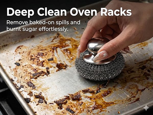 Metal scrubber removing baked-on grease from stainless steel oven racks and trays.