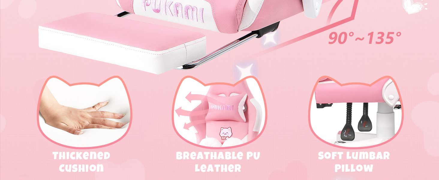 Gaming Chair with Cat Ears and Cat Paw Lumbar Cushion, Cute Ergonomic Gaming Computer Desk Chair