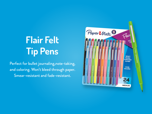 paper mate flair felt tip pens blue background teacher student bullet journaling smear fade bleed