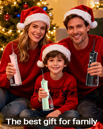 Text reads 'The best gift for family'. Holiday-themed image showing people wearing Santa hats holding small bottles or devices, with Christmas tree lights in background.