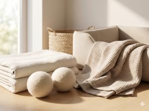 Wool dryer balls with linen and a soft pet blanket