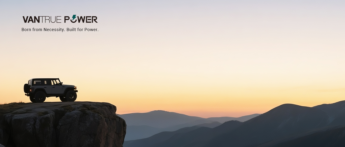 Black off-road vehicle silhouette on cliff edge against sunset mountain landscape. Text overlay reads "VANTRUE POWER".