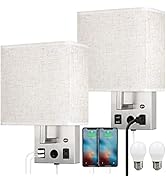 CADUKE Bedside Wall Lamp Set of 2, Plug in Wall Light with USB Charging Ports and AC Outlet Socke...