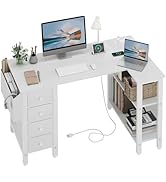 Lufeiya White L Shaped Computer Desk with Drawers &amp; Storage Shelves, 47 Inch Corner Desk with Pow...