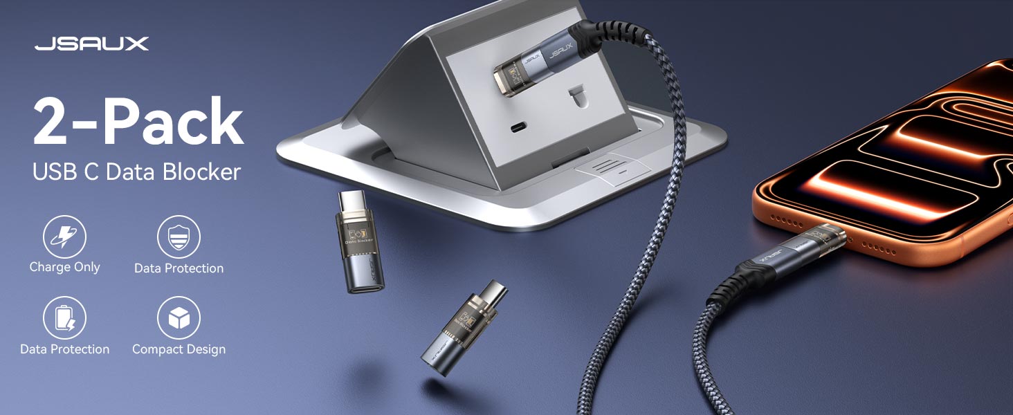 2 pack USB C data blocker adapters for charge only use and secure public charging.