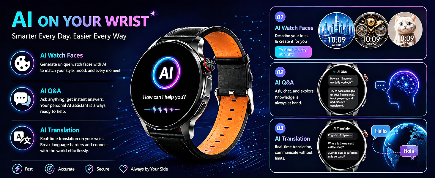 AI smartwatch with translation, Q&amp;amp;amp;amp;A, AI voice assistant, and AI watch face.