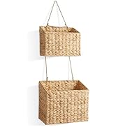 Casafield 2-Tier Hanging Storage Basket Set, Natural Boho Water Hyacinth Wall Basket Organizer fo...