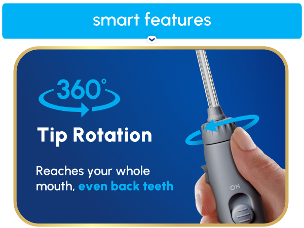  Image of Waterpik tooth flosser tip with text reading three hundred sixty tip rotation.