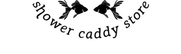 Two black goldfish facing each other. Underneath in a semi-circle is the brand, shower caddy store.