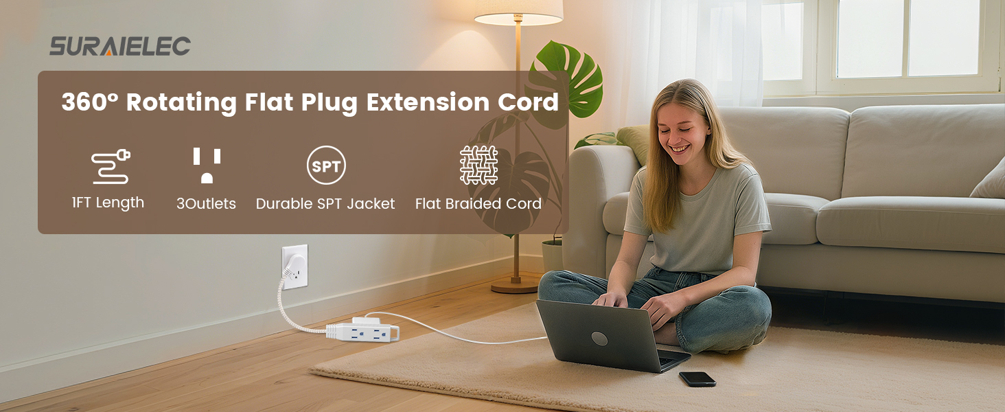 360° Rotating Flat Plug Extension Cord