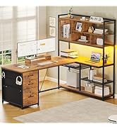 SEDETA L Shaped Computer Desk, 58'' Office Desk with 3 Drawers and Bookshelf, L Shaped Corner Des...