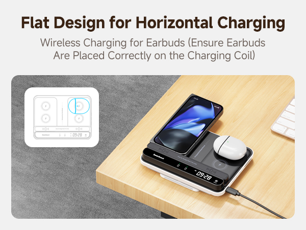 Wireless charging pad for horizontal charging of phone and earbuds. Flat design with digital display and multiple charging coils.