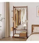 Solid Wood Clothes Rack with 2 Shelves &amp; 4 Hooks for Hanging Clothes Garment Wallets Hats, Clothi...