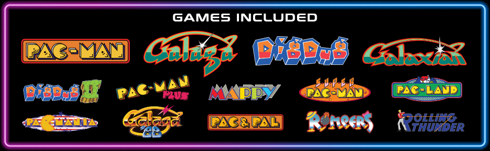 Games included Pac-Man, Galaga, digdug, Galaxian, and more
