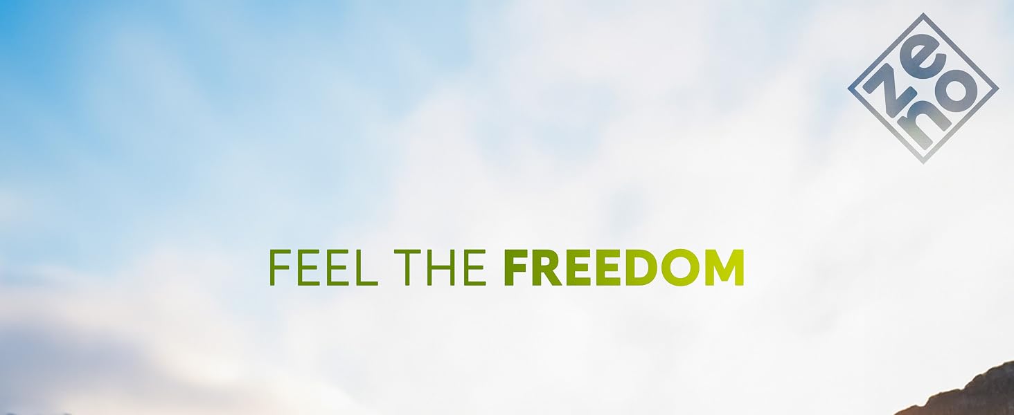 Cloudy sky with mountain silhouette. Text reads 'FEEL THE FREEDOM' in green. Grey 'Kona' logo in upper right corner.