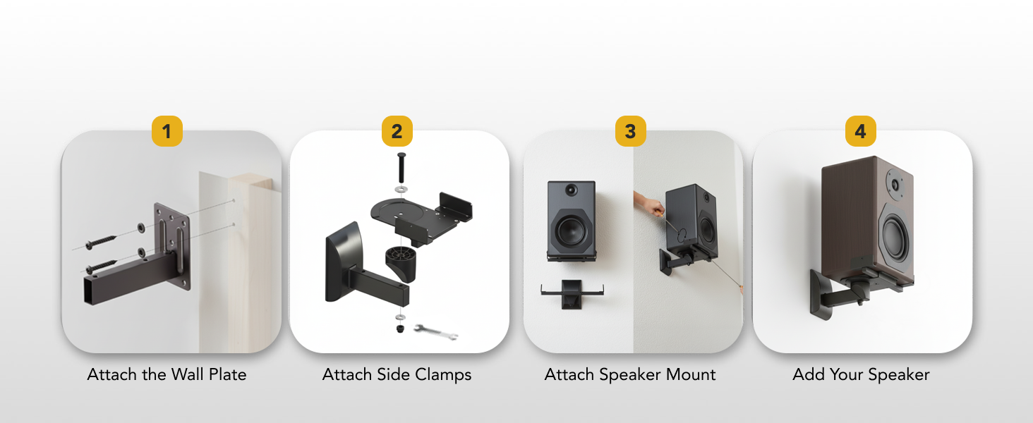 Four-step visual guide showing easy installation of the MI-SB37 speaker wall mount.