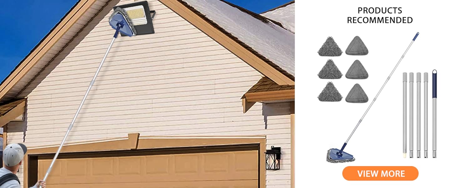 Roof cleaning tool with telescoping pole and triangular cleaning pads. Includes product recommendation showing multiple pads and pole sections.