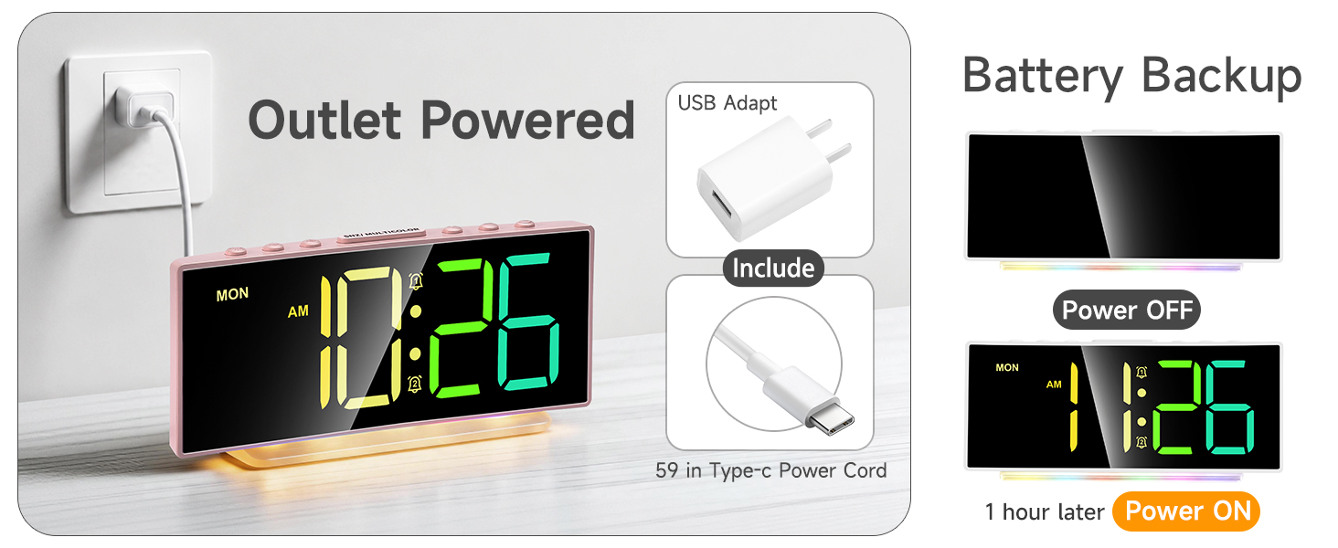 USB power adapter included 59 inch cord outlet powered clock with battery backup for power outage