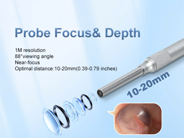 Ear camera probe with 10-20mm optimal focal distance and 88 degree view