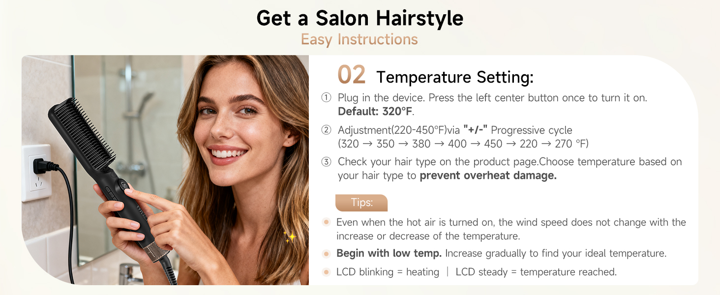 hair straightener LCD screen showing temp settings from 220°F to 450°F for safe, customized styling