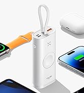 10000mAh power bank with wireless charging capability. Illustration shows compatibility with various devices. Charging times listed for different Apple products.