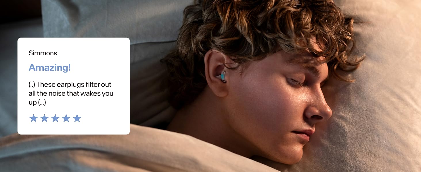 Five-star customer review with person sleeping wearing Alpine SleepDeep earplugs