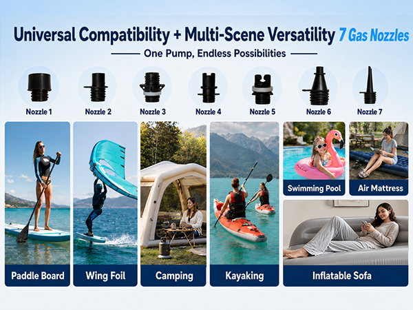 Seven pump nozzles displayed with paddle board,camping, kayaking and air mattress.