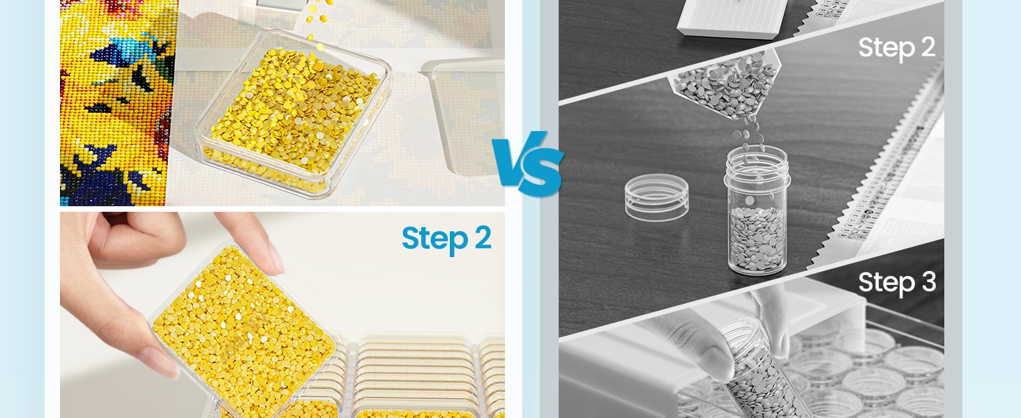 Diamond painting kit comparison: Left shows yellow diamonds in container and being placed. Right displays grayscale image of diamond beads being poured into small containers.