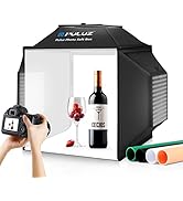 Portable photo light box studio setup with white interior, showing wine bottle and glass product photography demonstration. Colored backdrop rolls visible.