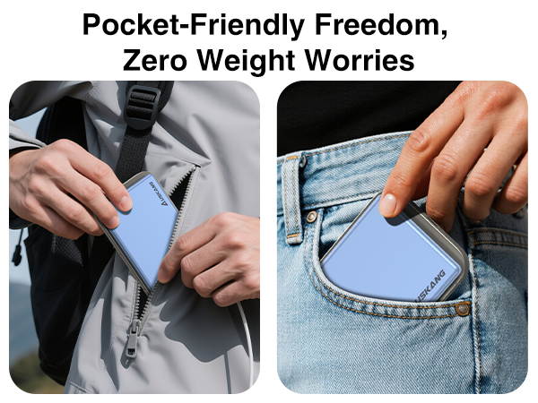 Text reads 'Pocket-Friendly Freedom, Zero Weight Worries'. Series of images demonstrating inserting and removing slim wallet from different jean pockets.