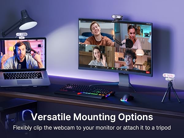 Shows the webcam mounted on a desktop, laptop, and used with a tripod.