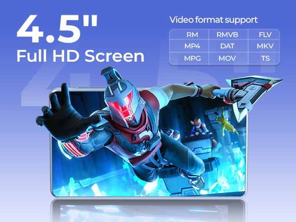 Text reads '4.5" Full HD Screen' and 'Video format support'. Device display demonstration showing bright blue gaming or action content.