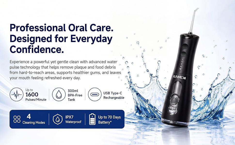 KAMEX Water Flosser features 1600 pulses per minute, 300ML tank, 4 cleaning modes.