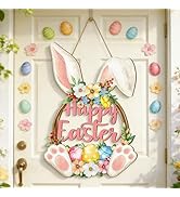 RGIMF Wooden Easter Decoration Door Wreath for Front Door Sign Wall Signs Rabbit Spring Decoratio...