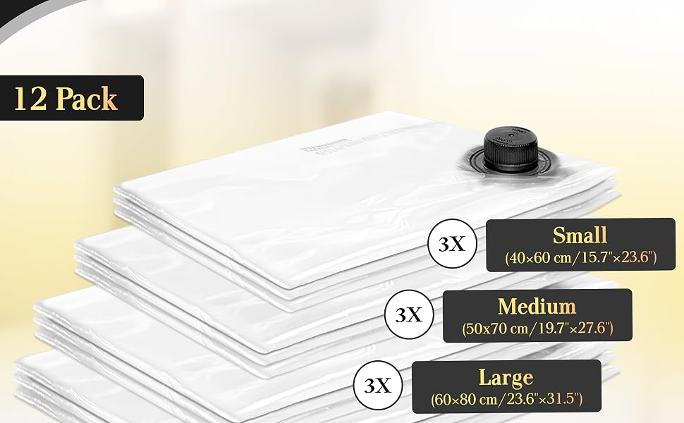 CasaZX vacuum storage bags size chart showing small medium large and jumbo bags in 12 pack