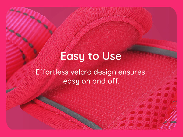 Close-up of red textured surface with mesh pattern, featuring gray straps. Text overlay indicates easy-to-use design for simple on and off.