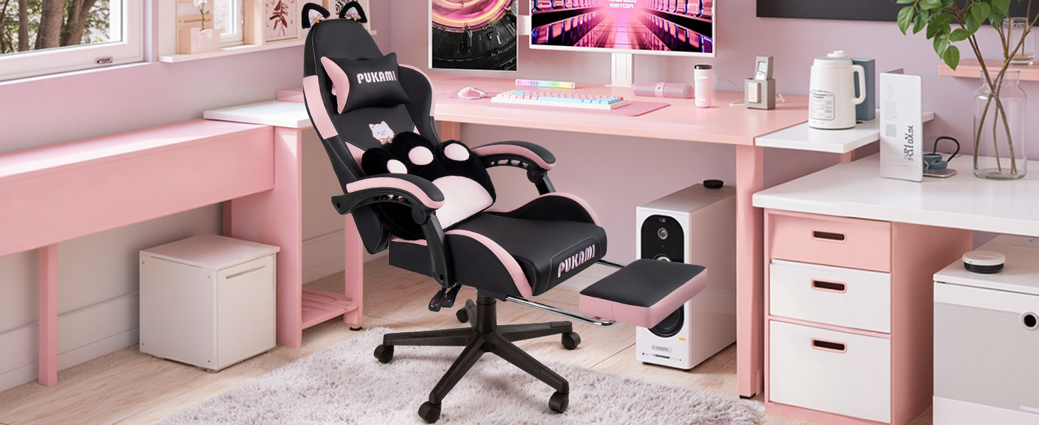 Gaming Chair with Cat Ears and Cat Paw Lumbar Cushion, Cute Ergonomic Gaming Computer Desk Chair