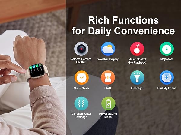Text reads 'Rich Functions for Daily Convenience' with icon grid showing: phone, message, calendar, weather, apps, time, runner, heart rate monitor, sleep tracking, and more. Smartwatch on wrist displayed against split background.