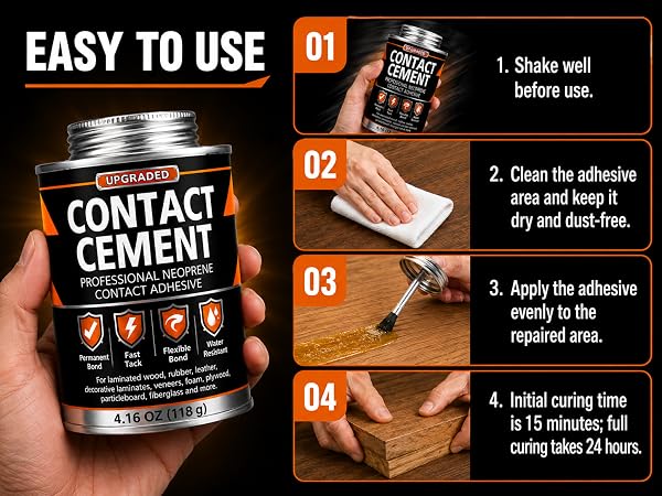 Easy-to-use contact cement: shake, clean, apply, press and cure in 24 hours