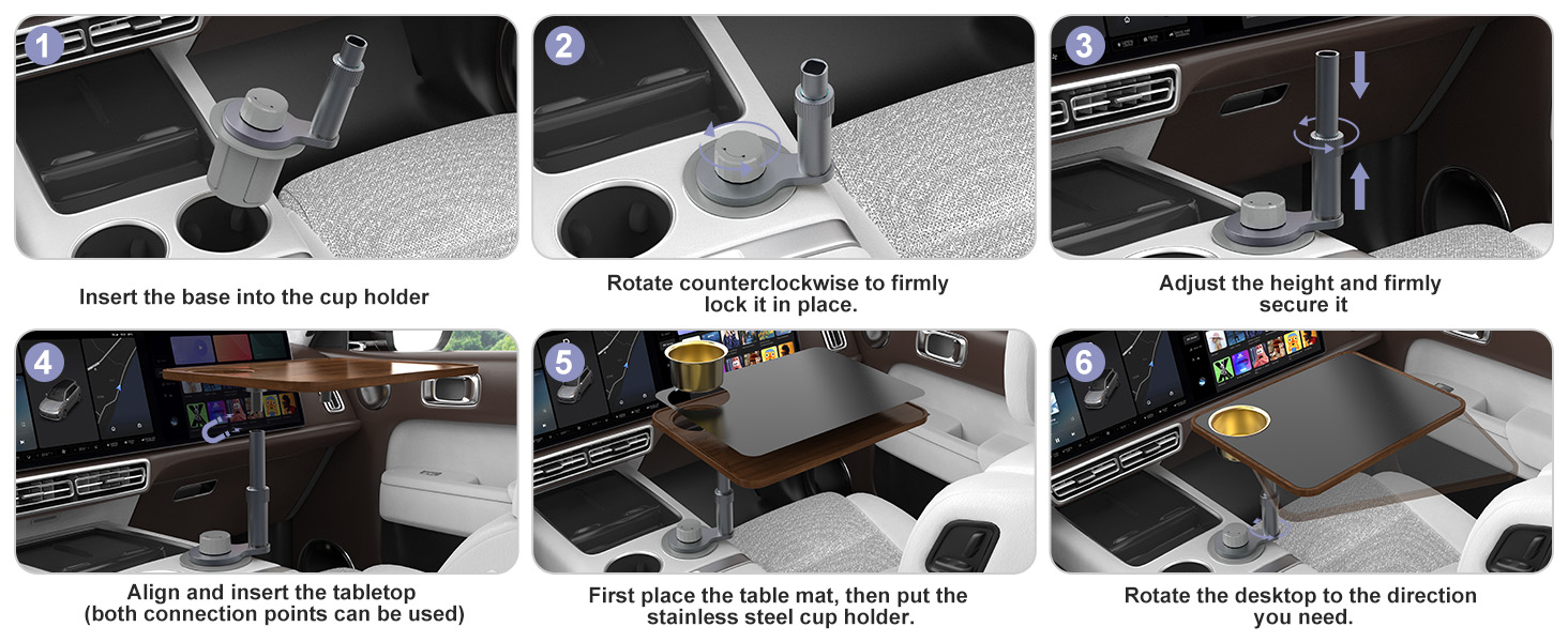 Car Desk Car Tray for Laptop &amp;amp; Food, Wooden Cup Holder Table with Adjustable Height