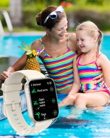 Smartwatch with a square display and light-colored band, shown in a pool setting. Features visible on the watch face include heart rate and step count.