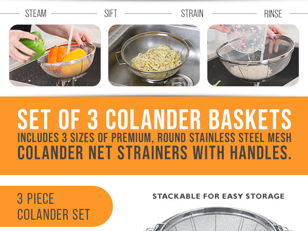 colander strainer stainless steel kitchen sieve basket mesh cookware utensil cooking rinse