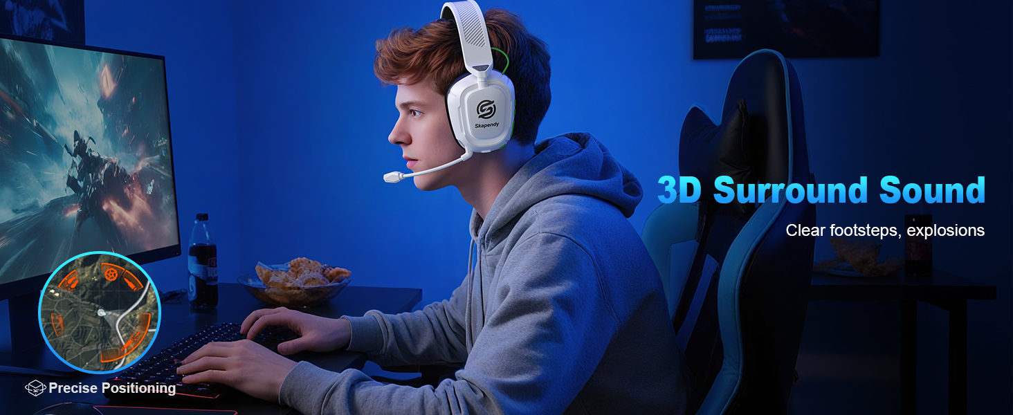 Text reads '3D Surround Sound'. Gaming setup showing player wearing white headset in front of screen with blue ambient lighting.